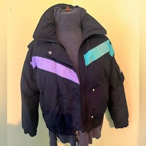 Mountain Goat Down Skiwear Size M Ladies Black Purple Puffer Jacket Coat Fullzip